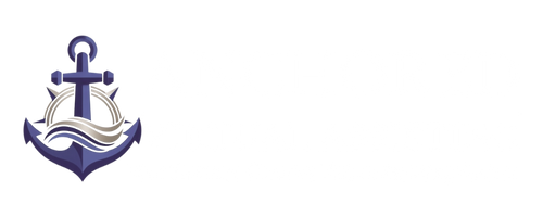Anchored Virtual Assisting Long Header Logo with White Lettering. An anchor with a wave on top of it, with a compass behind.