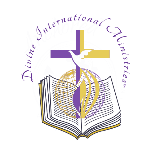 Divine International Ministries Logo, purple and gold gross with a dove, the world and an open bible