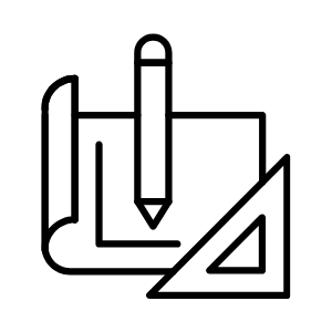 An icon of a roll of architectural paper, a pencil lying on top in the middle, and an angle ruler on the bottom right corner of the paper, representing architectural branding offered by Anchored Virtual Assisting.