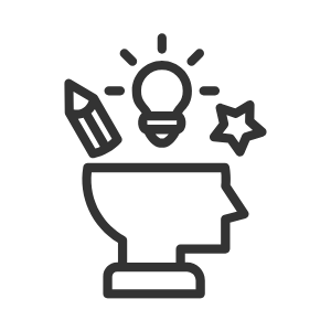 Icon with the outline of a head where the top half has a pencil, a lightbulb, and a star forming the top part of the head representing Anchored Virtual Assisting's dedication to creativity in every task they perform.