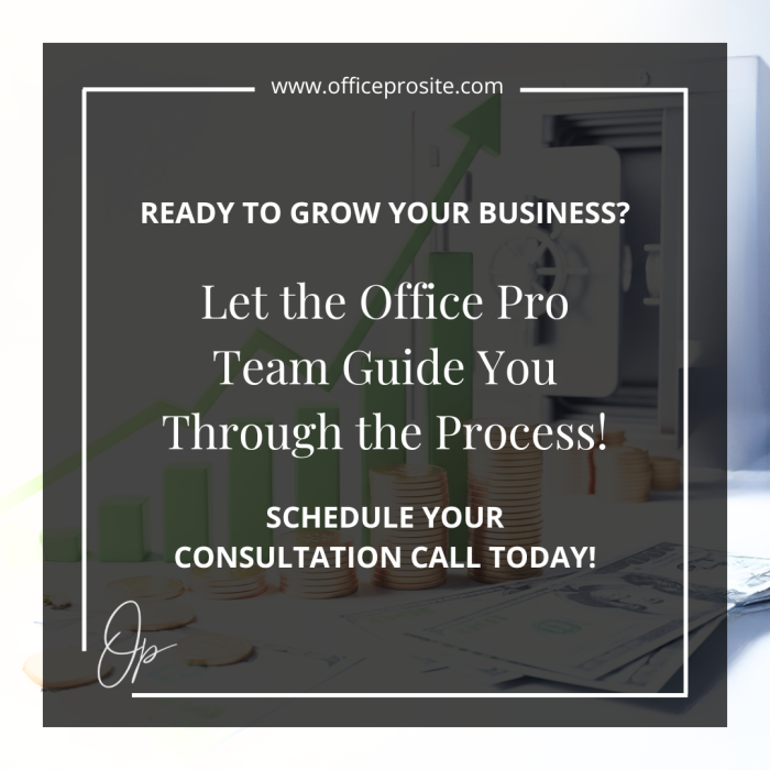 A social media post for Office Pro, featuring a green upward-trending bar graph, stacks of coins, and text like "READY TO GROW YOUR BUSINESS? SCHEDULE YOUR CONSULTATION CALL TODAY!" This exemplifies Anchored Virtual Assisting's Strategic Creative & Brand Partner work, driving sales and traffic through effective social media campaigns. Keywords: social media marketing, business growth, lead generation, digital strategy, virtual assistant for marketing.