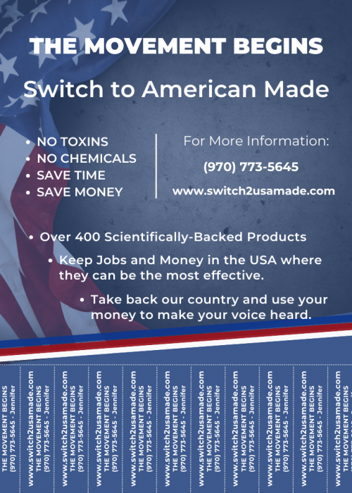 Switch to American Made Flyer for client; example of graphic design work; projects section under marketing and flyers